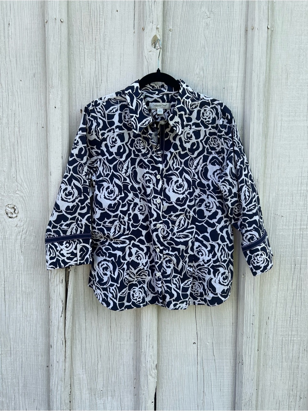 Coldwater Creek L Navy White Floral Roses Blouse 3/4 Sleeve Coastal Chic Top